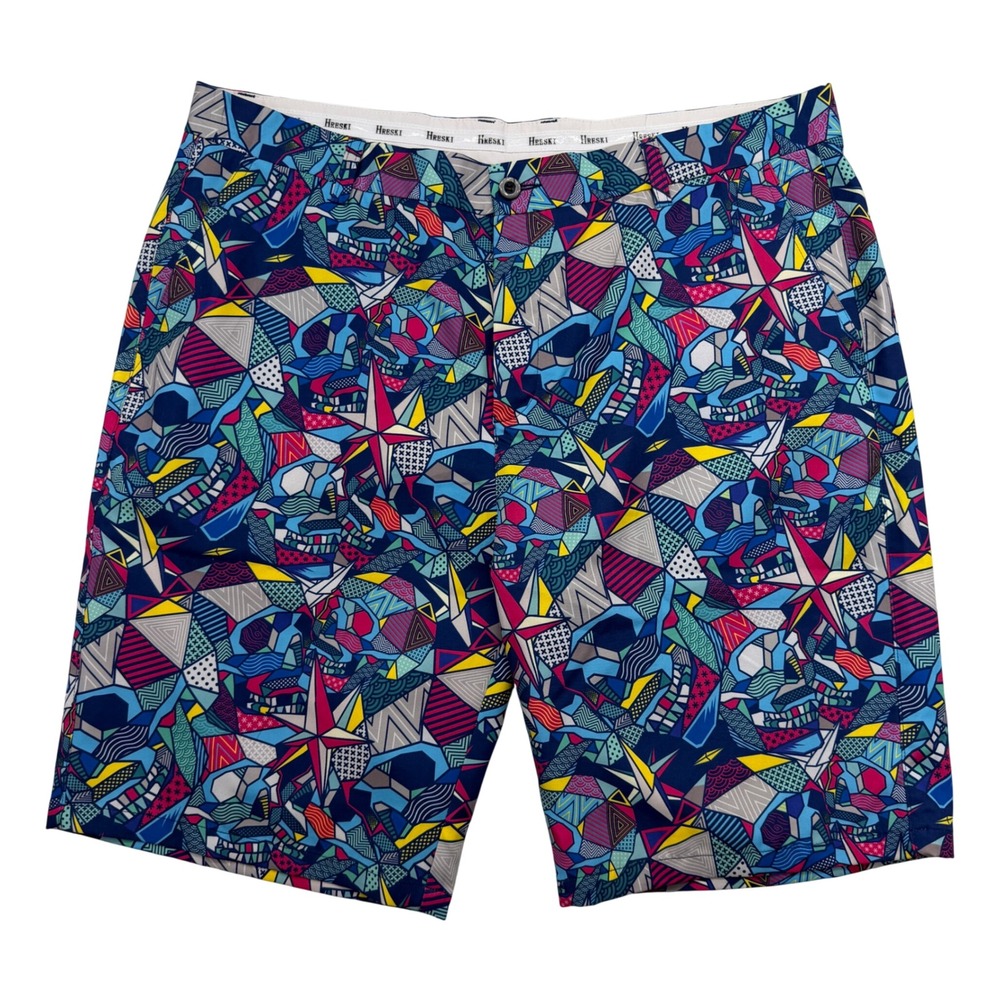 Hreski Golf Shorts Mens 38 Multicolor Geometric Skull Flat Front Stretch Casual
